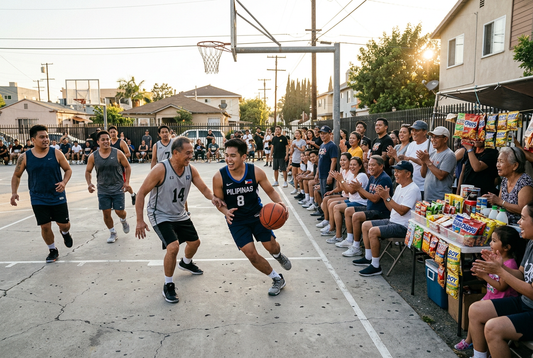A Filipino community basketball game with families cheering from the sidelines