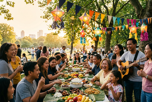 Filipino families and friends sharing a boodle fight meal on banana leaves in a park