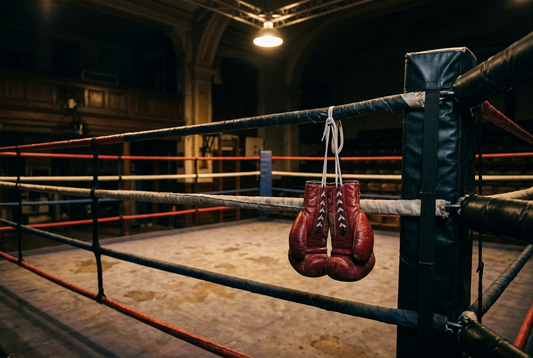 Red boxing gloves hanging on the ropes of an empty boxing ring