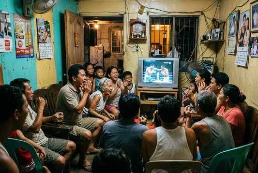 A Filipino family and neighbours crowded around a television cheering during a boxing match