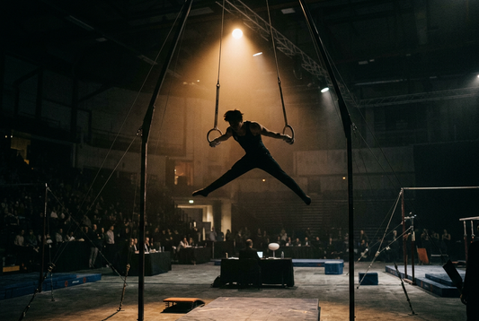 A gymnast in silhouette swinging on the rings under a spotlight in an arena