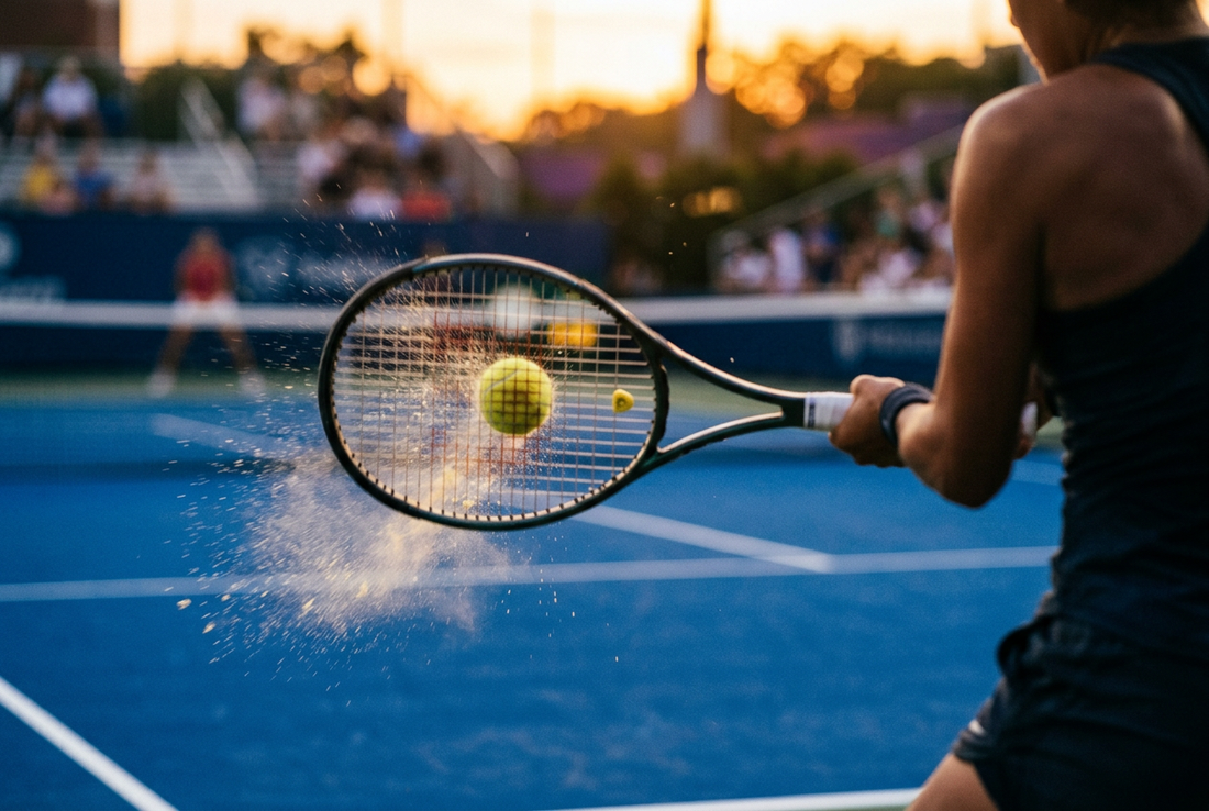 A tennis racket striking a ball on a blue hard court at sunset