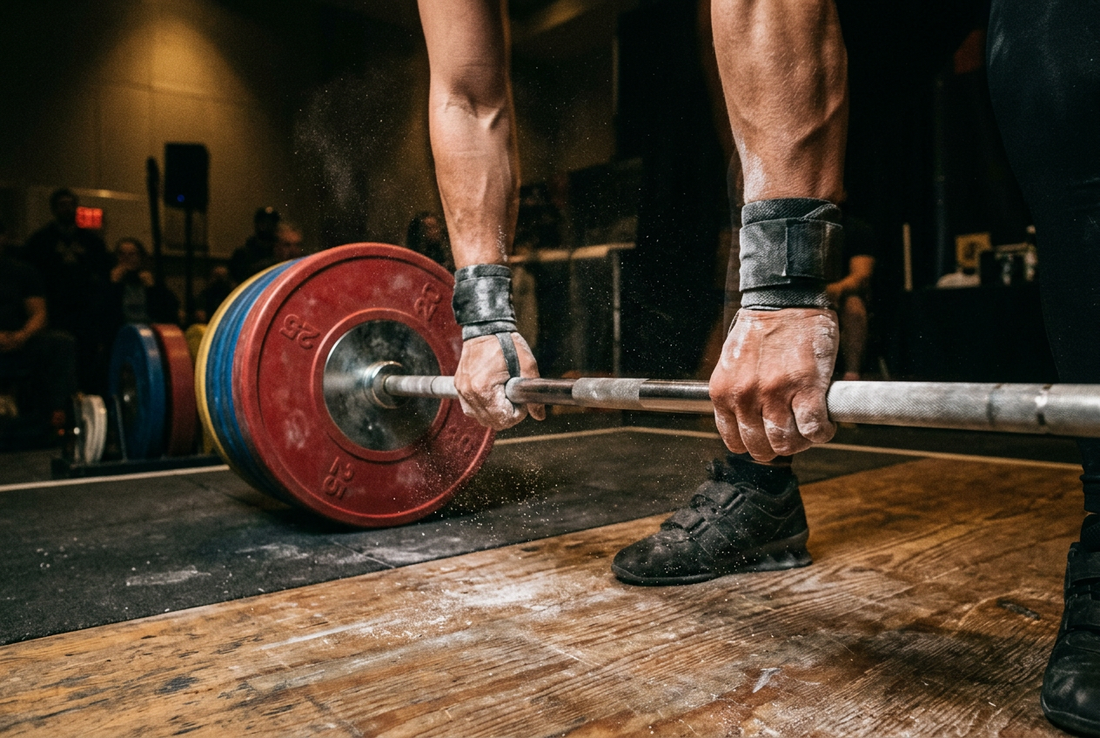 Chalked hands gripping a weightlifting barbell on a wooden platform